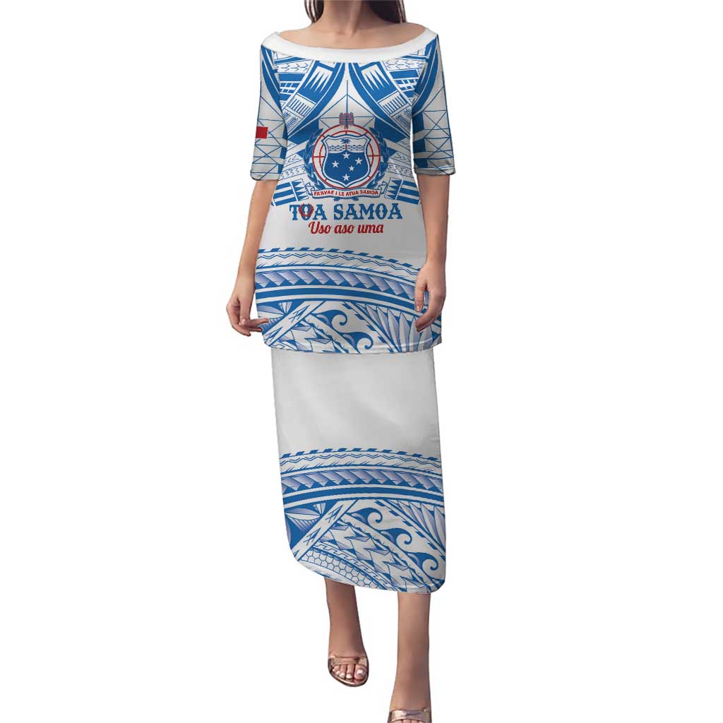 Toa Samoa Rugby Custom Puletasi Uso aso uma Samoan Pattern White LT14 Long Dress White - Polynesian Pride