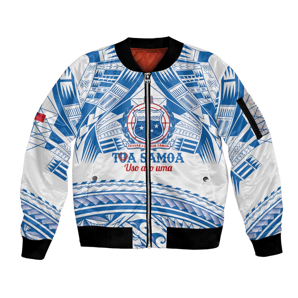 Toa Samoa Rugby Custom Sleeve Zip Bomber Jacket Uso aso uma Samoan Pattern White LT14 Unisex White - Polynesian Pride