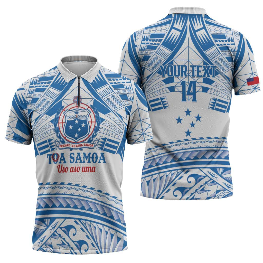 Toa Samoa Rugby Custom Zipper Polo Shirt Uso aso uma Samoan Pattern White LT14 - Polynesian Pride