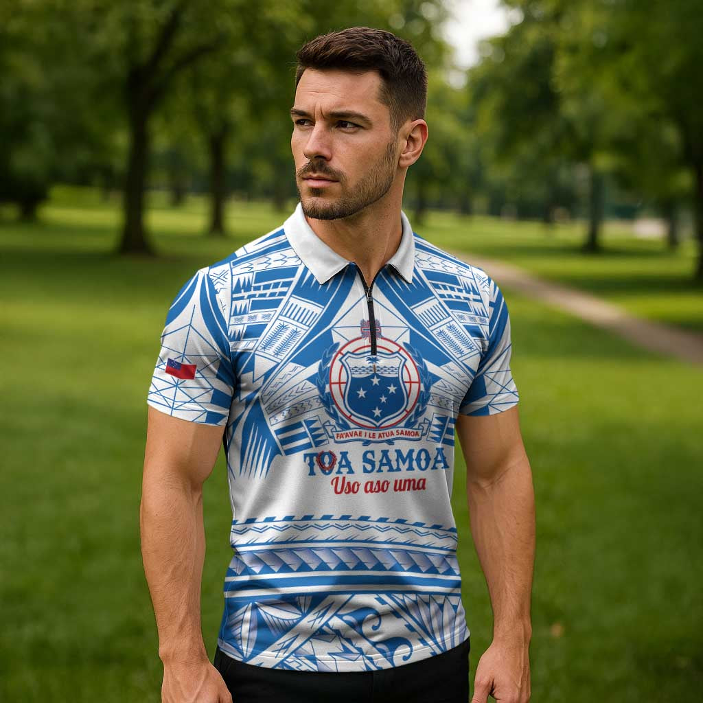 Toa Samoa Rugby Custom Zipper Polo Shirt Uso aso uma Samoan Pattern White LT14 - Polynesian Pride
