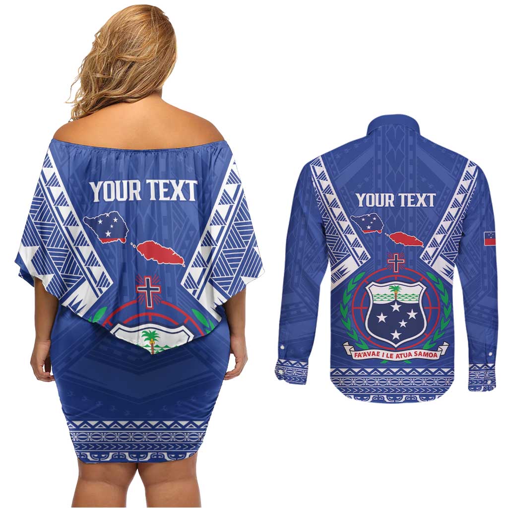 Personalised Samoa 685 Couples Matching Off Shoulder Short Dress and Long Sleeve Button Shirt Samoan Pride Coat Of Arms - Polynesian Pride