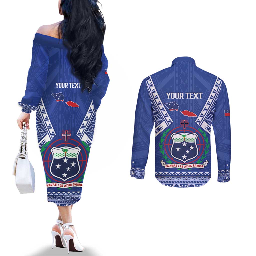 Personalised Samoa 685 Couples Matching Off The Shoulder Long Sleeve Dress and Long Sleeve Button Shirt Samoan Pride Coat Of Arms - Polynesian Pride