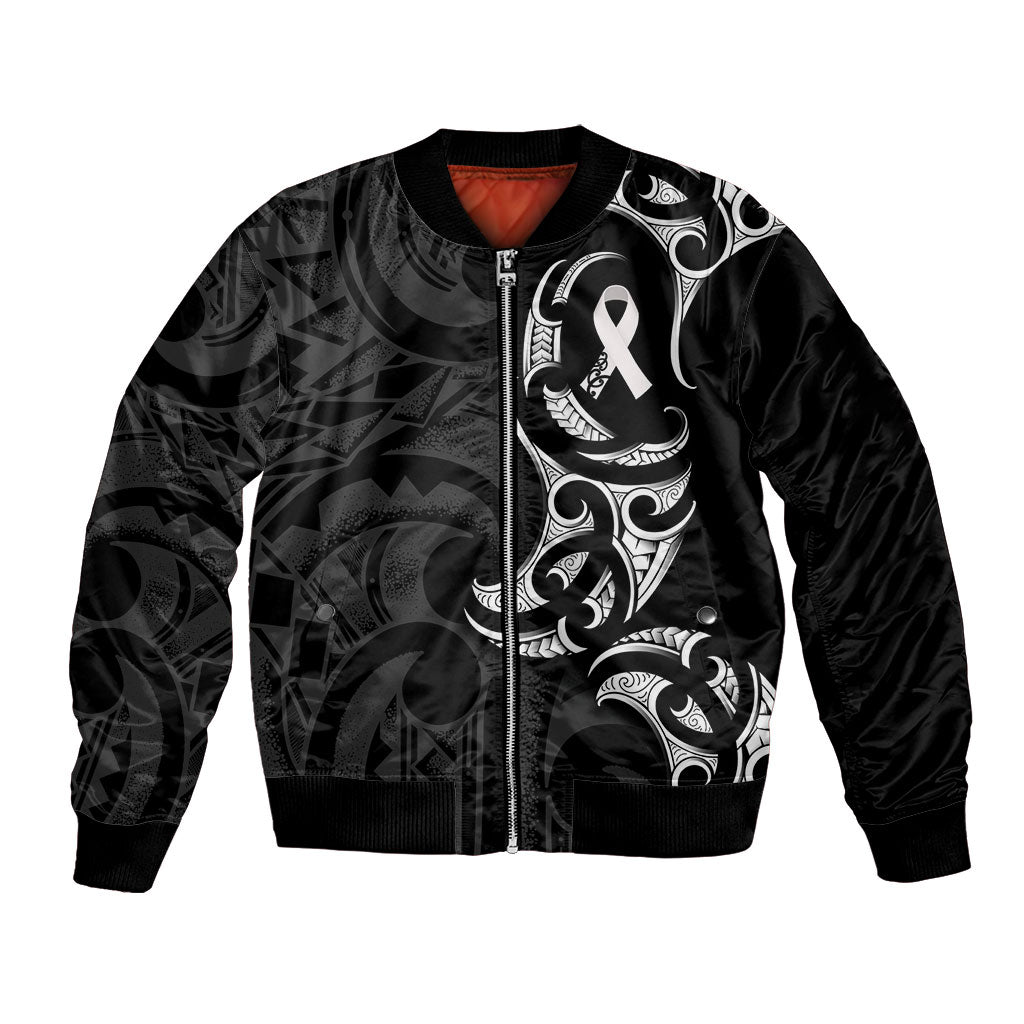White Ribbon Day New Zealand Bomber Jacket Aotearoa Maori Pattern LT14 Unisex Black - Polynesian Pride