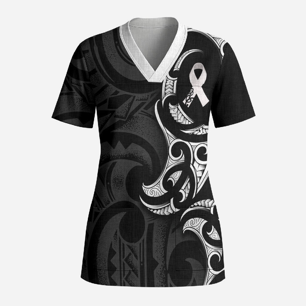 White Ribbon Day New Zealand Scrub Top Aotearoa Maori Pattern LT14 Adult Black - Polynesian Pride