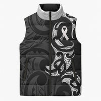 White Ribbon Day New Zealand Sleeveless Puffer Jacket Aotearoa Maori Pattern LT14 Unisex Black - Polynesian Pride