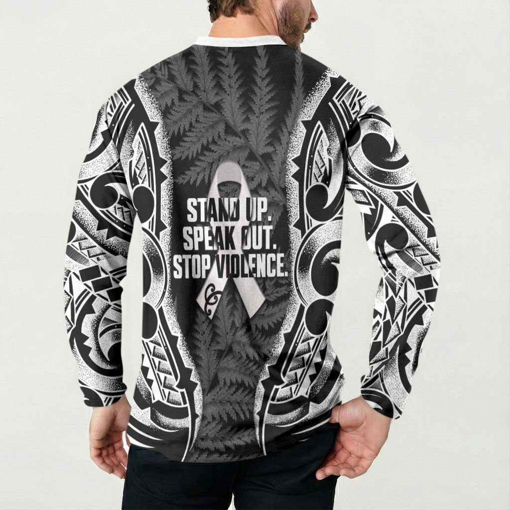 White Ribbon Day New Zealand Button Sweatshirt Respect Women Maori Pattern Black LT14 - Polynesian Pride