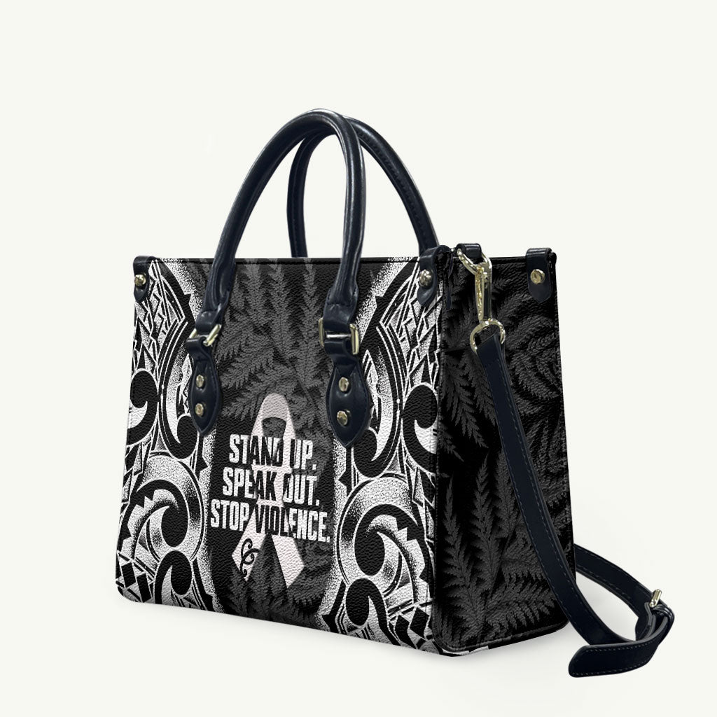 White Ribbon Day New Zealand Leather Bag Respect Women Maori Pattern Black LT14 Black - Polynesian Pride