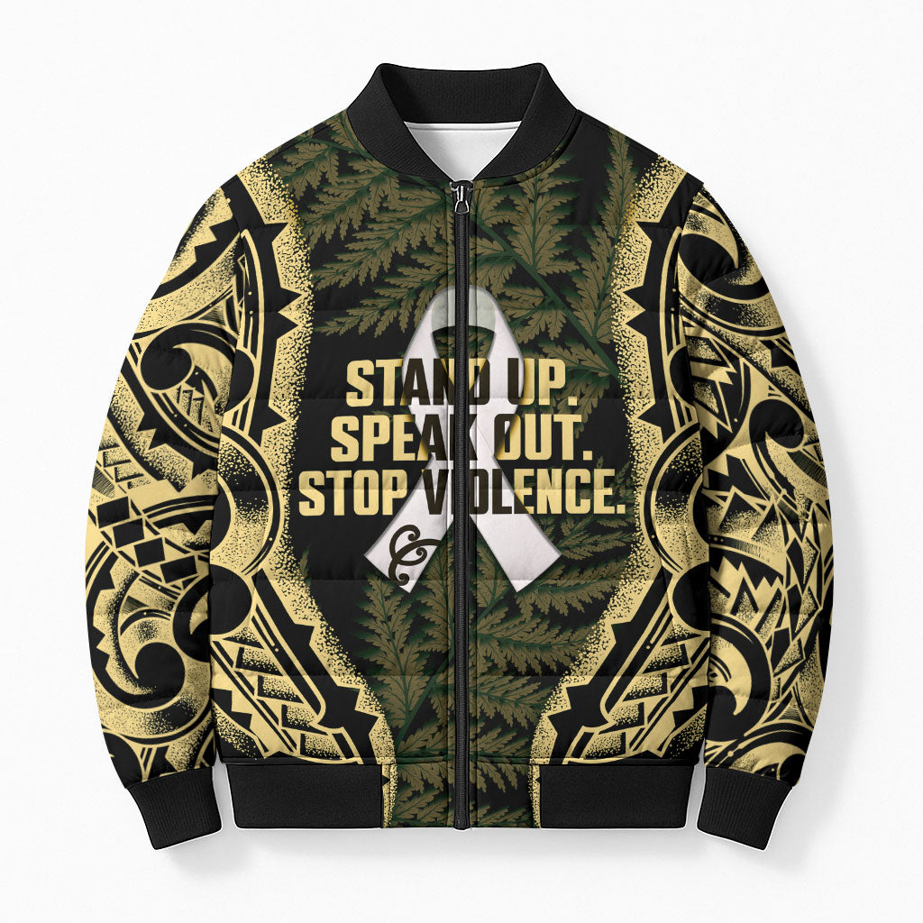 White Ribbon Day New Zealand Bomber Puffer Jacket Respect Women Maori Pattern Yellow LT14 Unisex Yellow - Polynesian Pride