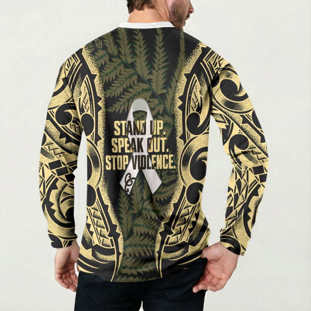 White Ribbon Day New Zealand Button Sweatshirt Respect Women Maori Pattern Yellow LT14 - Polynesian Pride