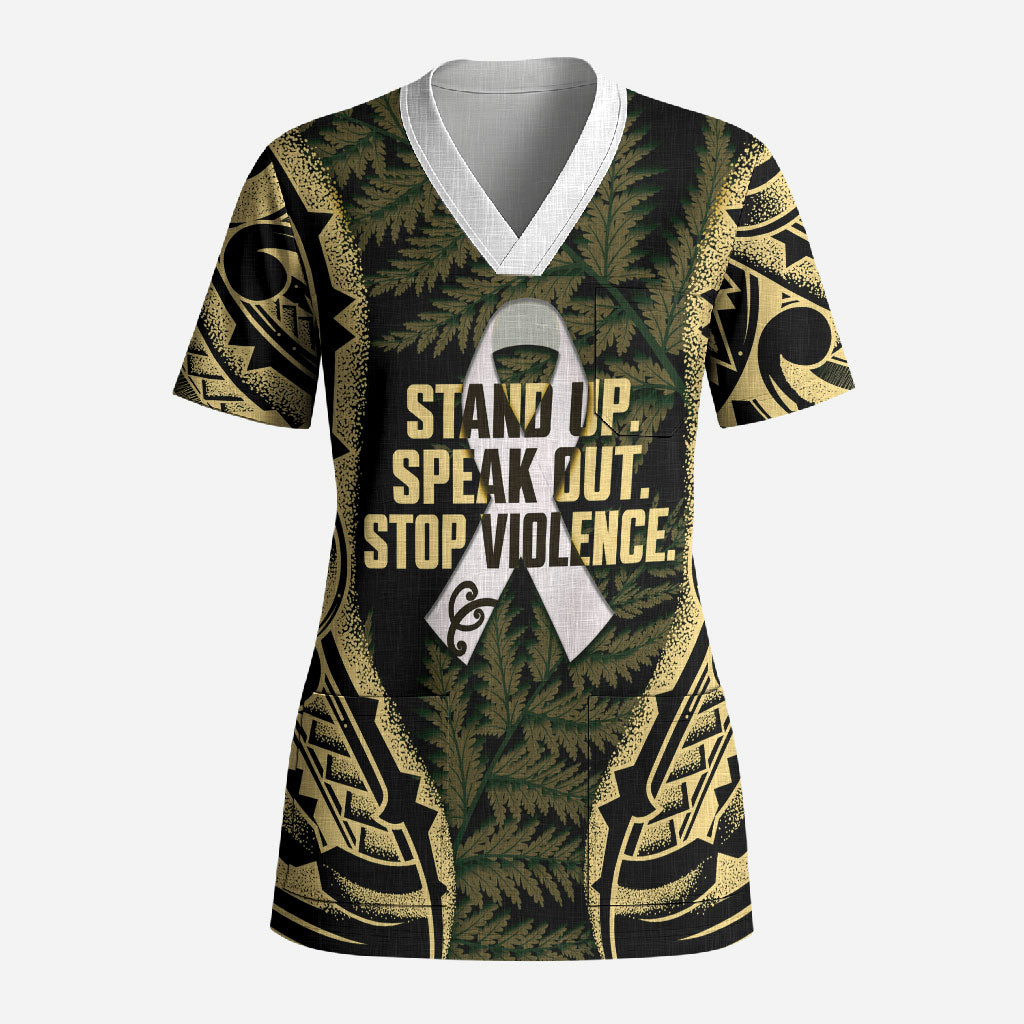 White Ribbon Day New Zealand Scrub Top Respect Women Maori Pattern Yellow LT14 Adult Yellow - Polynesian Pride