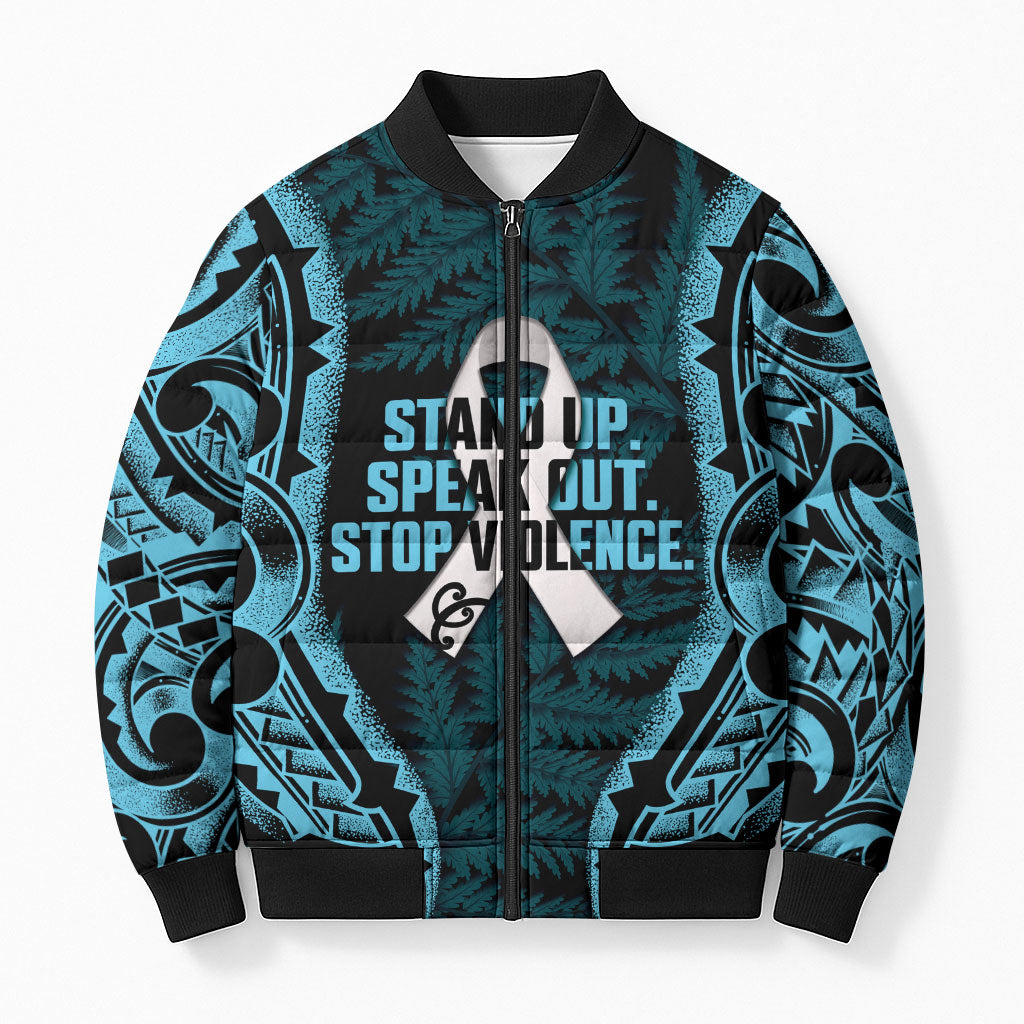 White Ribbon Day New Zealand Bomber Puffer Jacket Respect Women Maori Pattern Blue LT14 Unisex Blue - Polynesian Pride