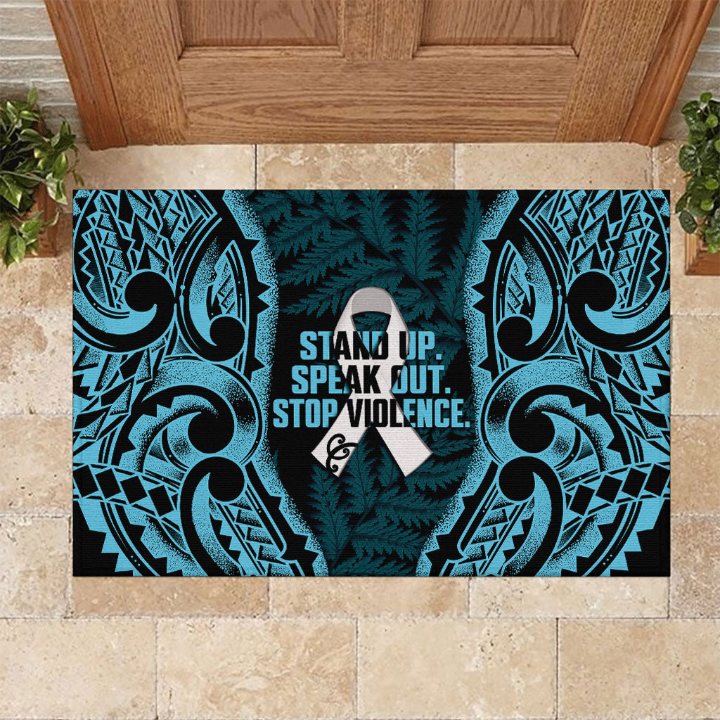 White Ribbon Day New Zealand Rubber Doormat Respect Women Maori Pattern Blue LT14 Blue - Polynesian Pride