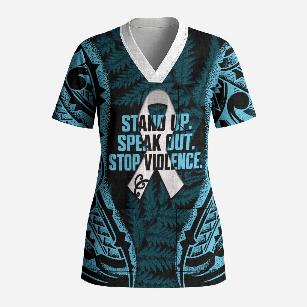 White Ribbon Day New Zealand Scrub Top Respect Women Maori Pattern Blue LT14 Adult Blue - Polynesian Pride