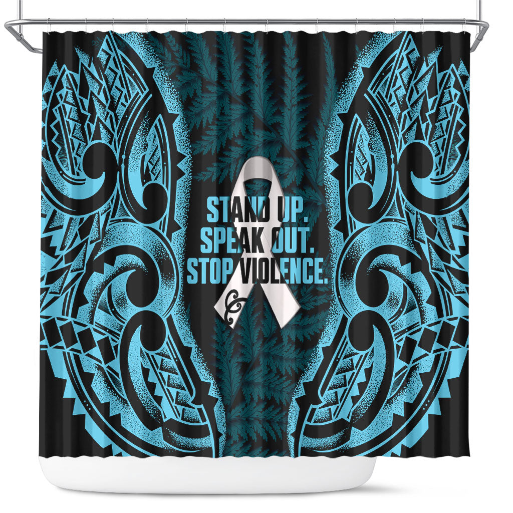 White Ribbon Day New Zealand Shower Curtain Respect Women Maori Pattern Blue LT14 Blue - Polynesian Pride