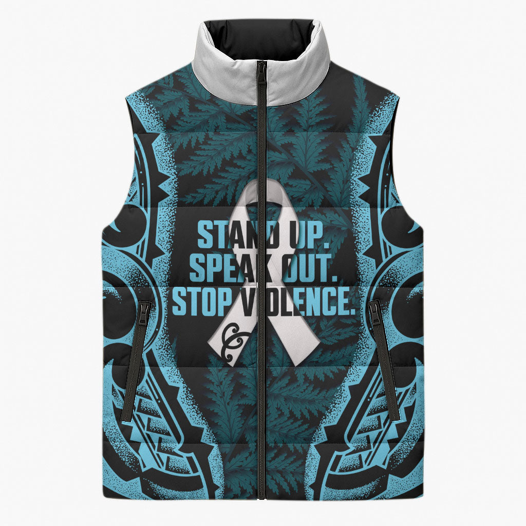 White Ribbon Day New Zealand Sleeveless Puffer Jacket Respect Women Maori Pattern Blue LT14 Unisex Blue - Polynesian Pride