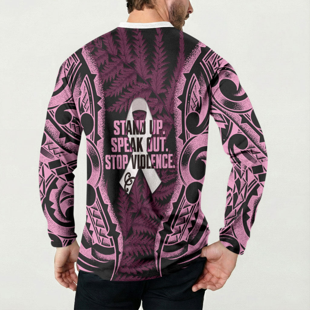 White Ribbon Day New Zealand Button Sweatshirt Respect Women Maori Pattern Pink LT14 - Polynesian Pride