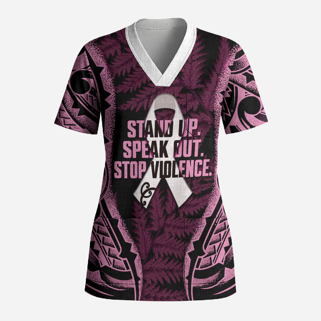White Ribbon Day New Zealand Scrub Top Respect Women Maori Pattern Pink LT14 Adult Pink - Polynesian Pride