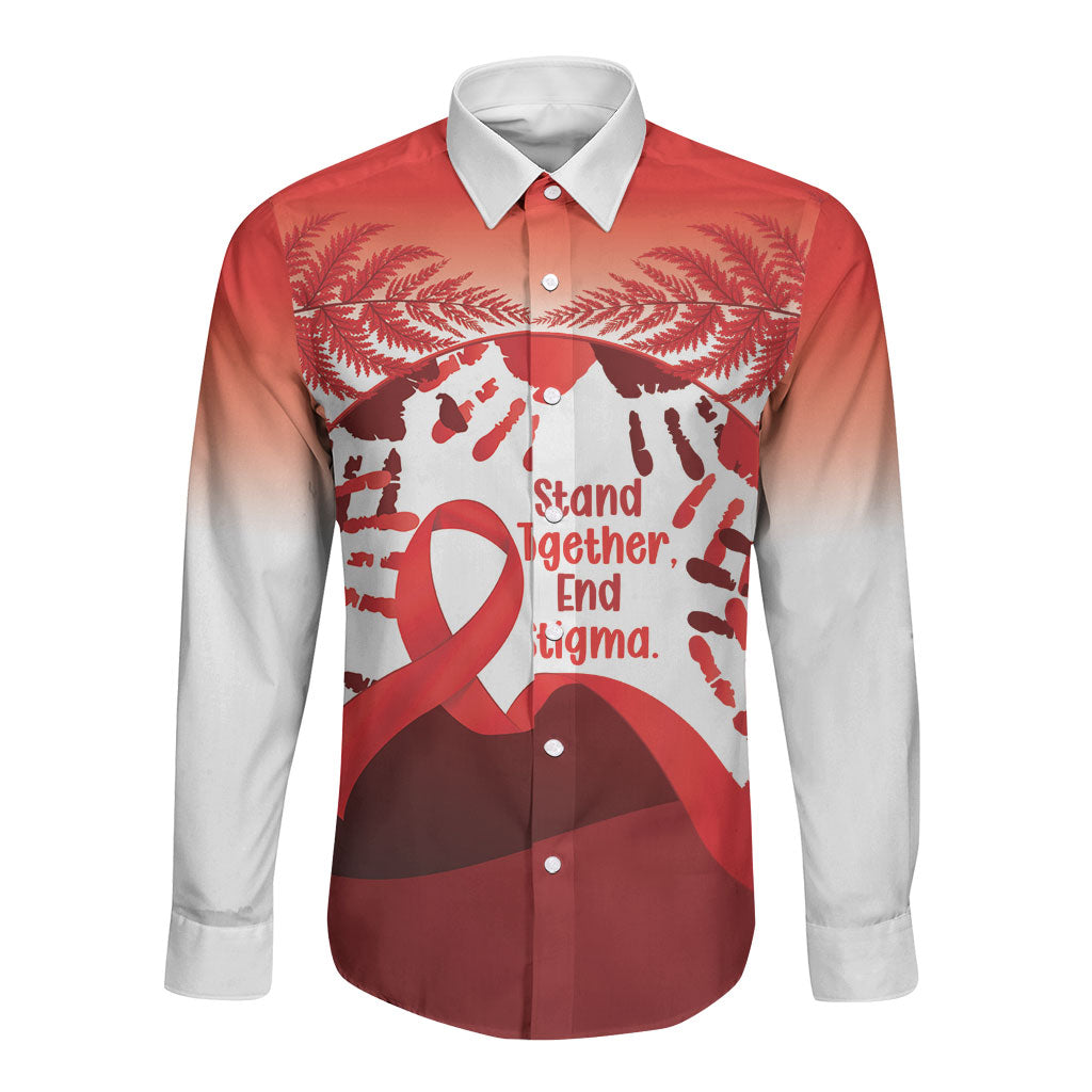 Red Ribbon Day New Zealand Long Sleeve Button Shirt Stand Together End Stigma NZ Fern LT14 Unisex Red - Polynesian Pride