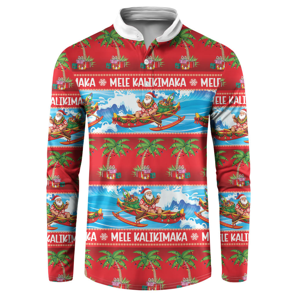 Hawaii Mele Kalikimaka Button Sweatshirt Outrigger Canoe Santa Festive Palm Seamless LT14 Red - Polynesian Pride