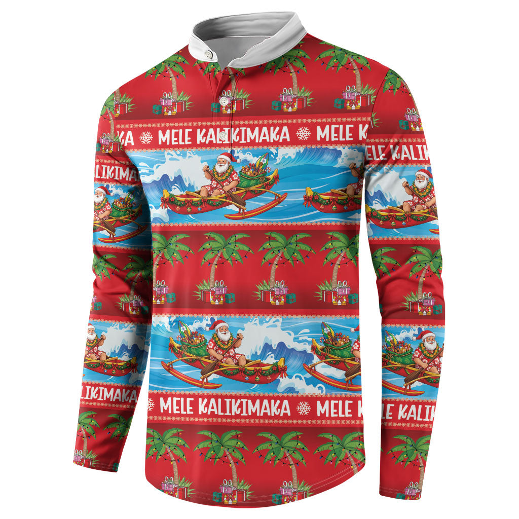 Hawaii Mele Kalikimaka Button Sweatshirt Outrigger Canoe Santa Festive Palm Seamless LT14 - Polynesian Pride