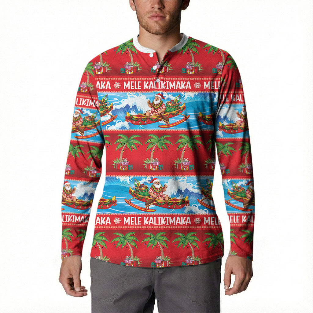 Hawaii Mele Kalikimaka Button Sweatshirt Outrigger Canoe Santa Festive Palm Seamless LT14 - Polynesian Pride