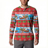 Hawaii Mele Kalikimaka Button Sweatshirt Outrigger Canoe Santa Festive Palm Seamless LT14 - Polynesian Pride