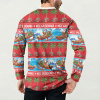 Hawaii Mele Kalikimaka Button Sweatshirt Outrigger Canoe Santa Festive Palm Seamless LT14 - Polynesian Pride
