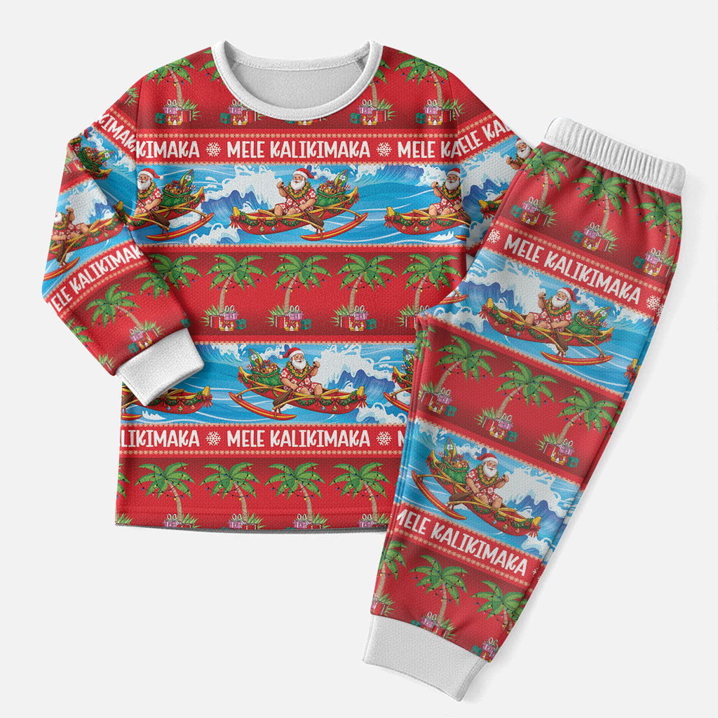 Hawaii Mele Kalikimaka Christmas Pajama Set Outrigger Canoe Santa Festive Palm Seamless LT14 Men Red - Polynesian Pride
