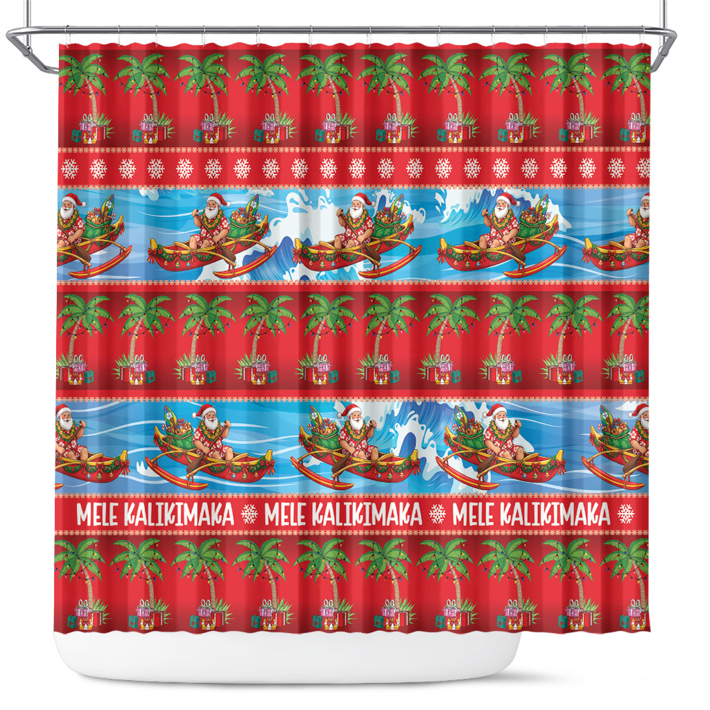 Hawaii Mele Kalikimaka Shower Curtain Outrigger Canoe Santa Festive Palm Seamless LT14 Red - Polynesian Pride