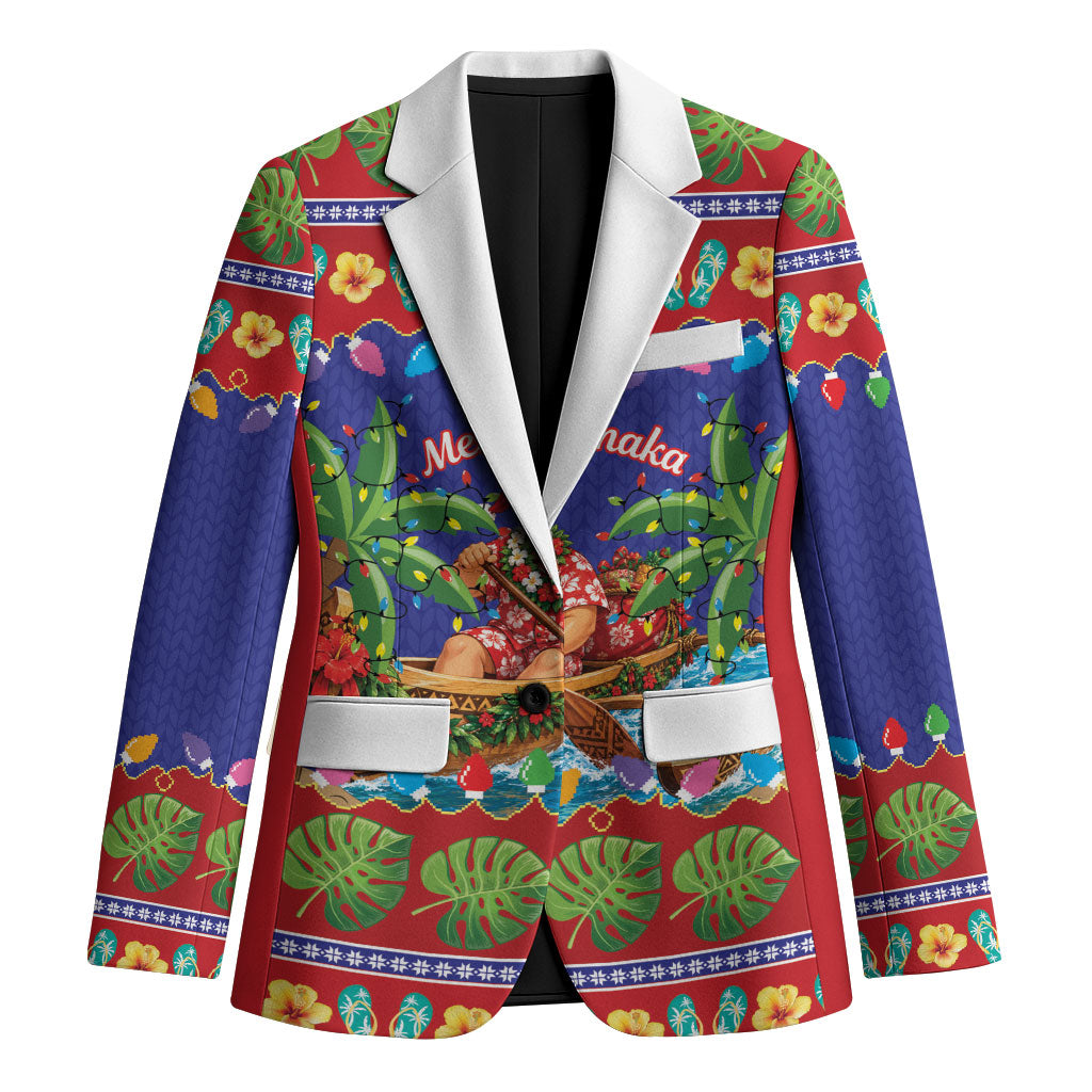 Santa Claus In Outrigger Canoe Hawaii Christmas Blazer Mele Kalikimaka Hawaiian Tropical Vibes LT14 Unisex Blue - Polynesian Pride