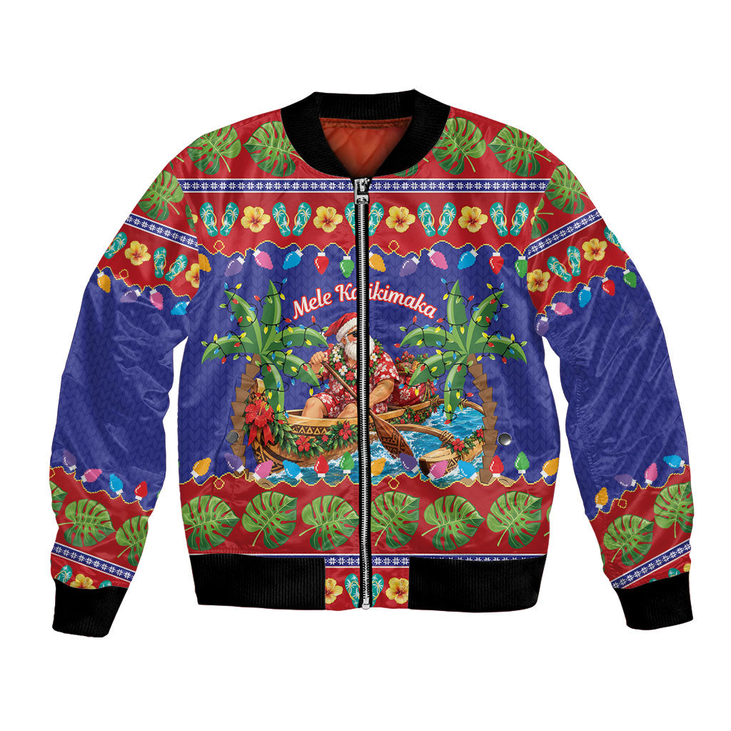 Santa Claus In Outrigger Canoe Hawaii Christmas Bomber Jacket Mele Kalikimaka Hawaiian Tropical Vibes LT14 Unisex Blue - Polynesian Pride