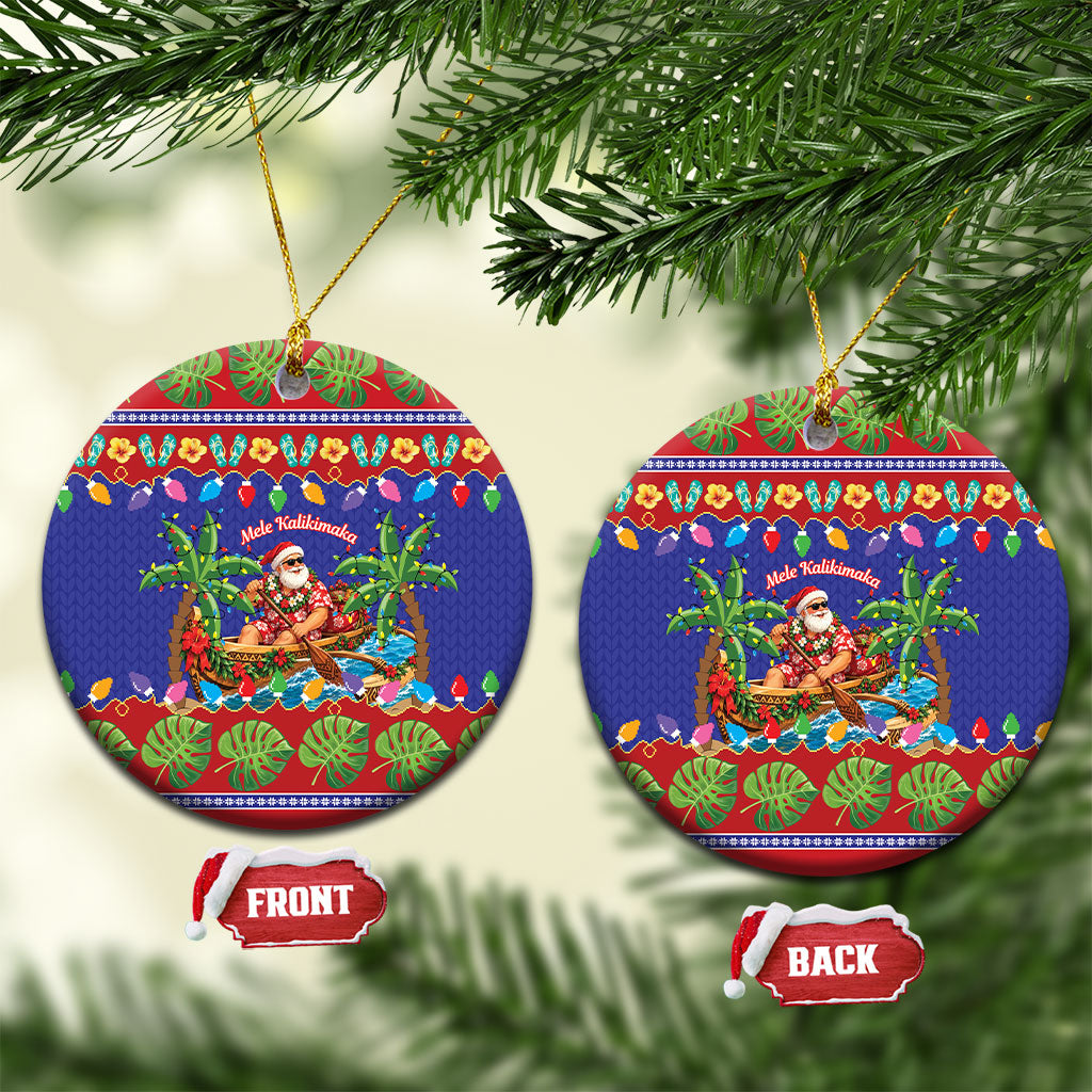 Santa Claus In Outrigger Canoe Hawaii Christmas Ceramic Ornament Mele Kalikimaka Hawaiian Tropical Vibes LT14 Circle Blue - Polynesian Pride