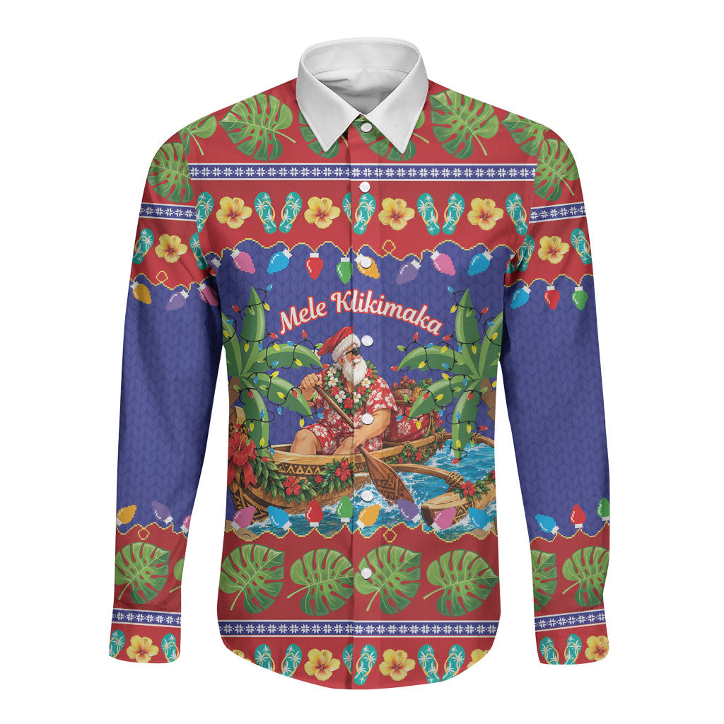 Santa Claus In Outrigger Canoe Hawaii Christmas Long Sleeve Button Shirt Mele Kalikimaka Hawaiian Tropical Vibes LT14 Unisex Blue - Polynesian Pride