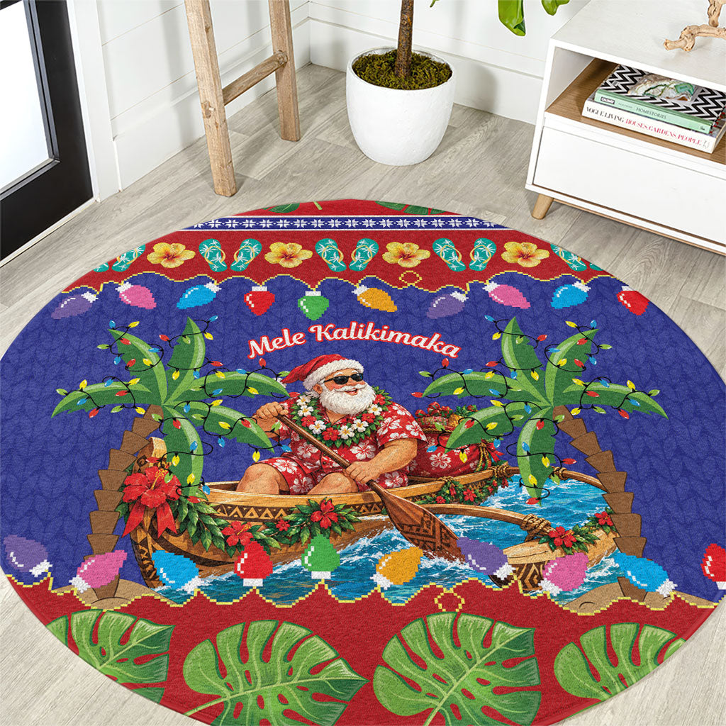 Santa Claus In Outrigger Canoe Hawaii Christmas Round Carpet Mele Kalikimaka Hawaiian Tropical Vibes LT14 Blue - Polynesian Pride