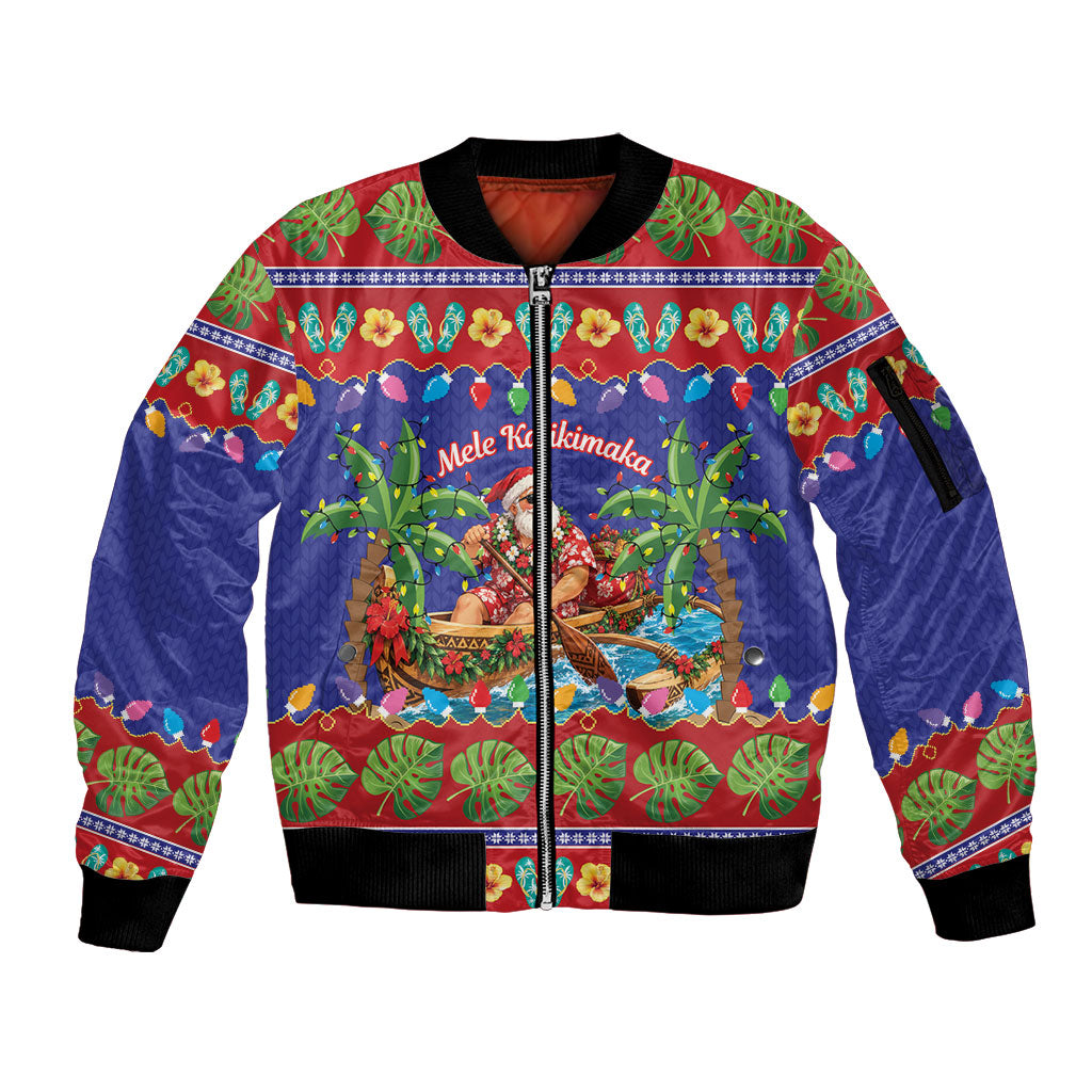 Santa Claus In Outrigger Canoe Hawaii Christmas Sleeve Zip Bomber Jacket Mele Kalikimaka Hawaiian Tropical Vibes LT14 Unisex Blue - Polynesian Pride