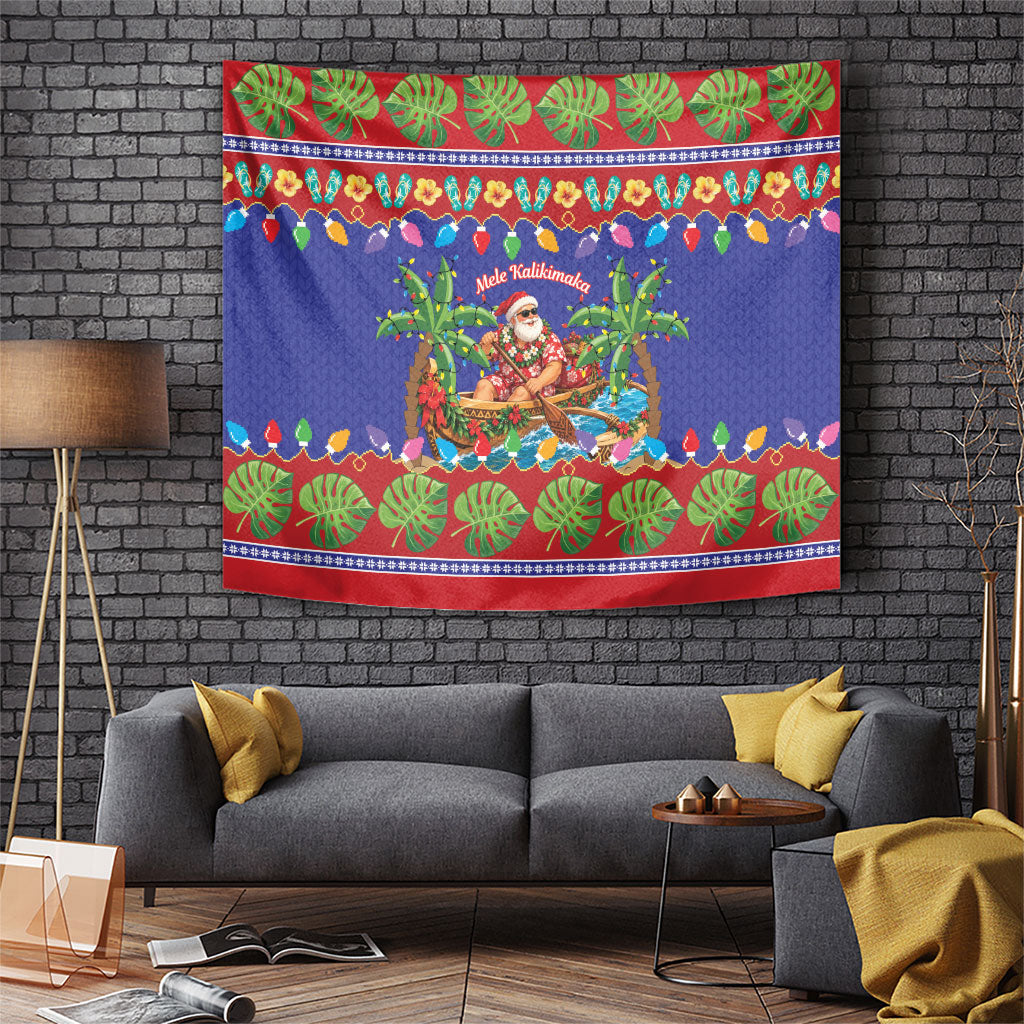Santa Claus In Outrigger Canoe Hawaii Christmas Tapestry Mele Kalikimaka Hawaiian Tropical Vibes LT14 Blue - Polynesian Pride