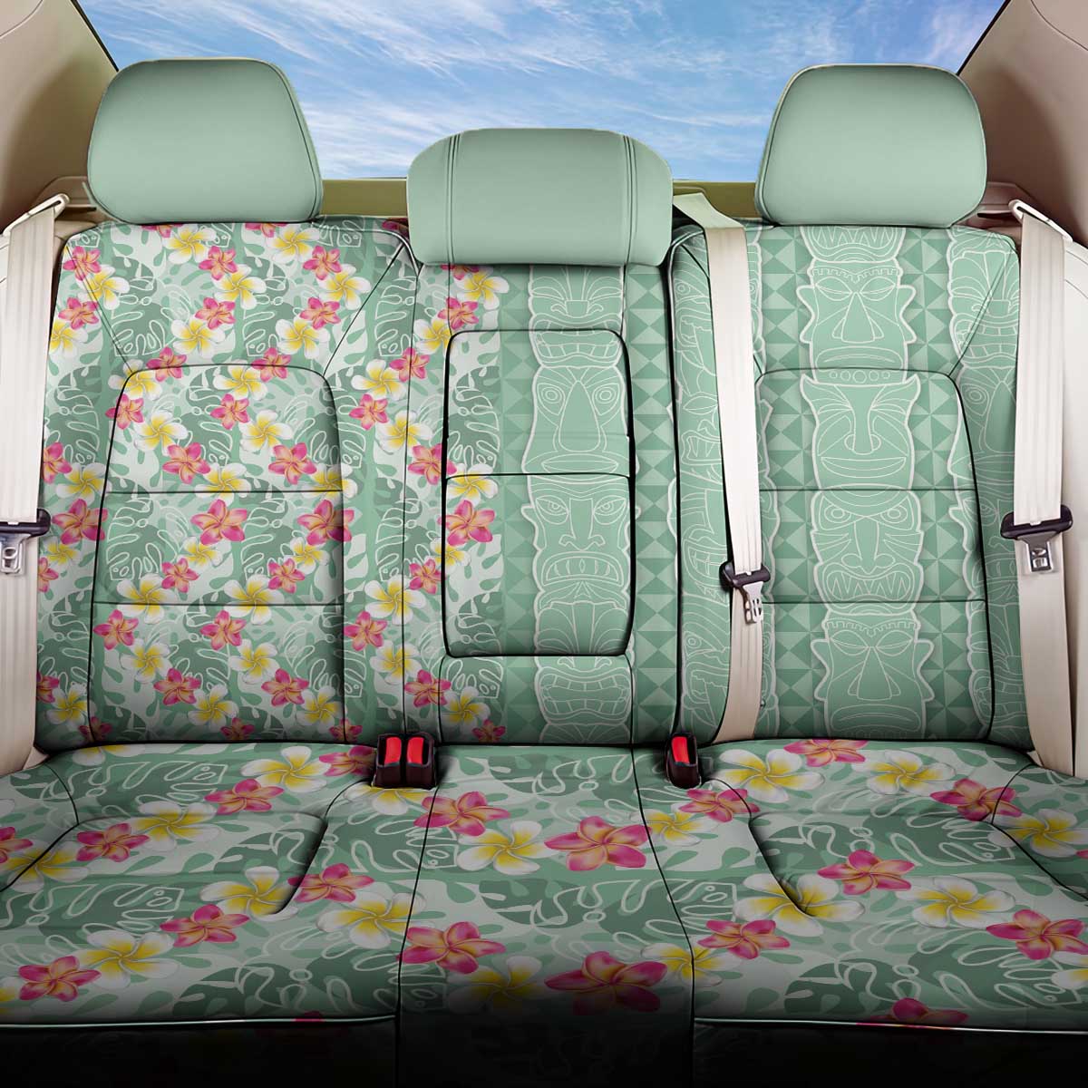 Menthol Green Aloha Hawaii Tiki Back Car Seat Cover Tropical Plumeria - Seamless Style