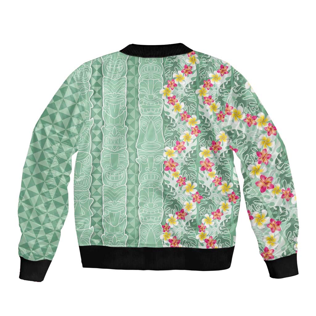 Menthol Green Aloha Hawaii Tiki Bomber Jacket Tropical Plumeria - Seamless Style