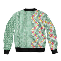 Menthol Green Aloha Hawaii Tiki Bomber Jacket Tropical Plumeria - Seamless Style