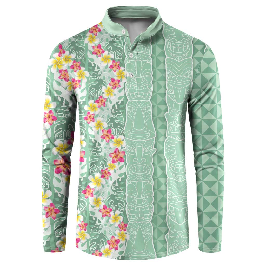 Menthol Green Aloha Hawaii Tiki Button Sweatshirt Tropical Plumeria - Seamless Style