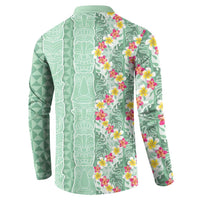 Menthol Green Aloha Hawaii Tiki Button Sweatshirt Tropical Plumeria - Seamless Style