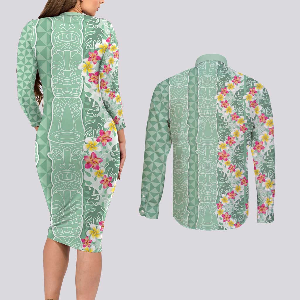 Menthol Green Aloha Hawaii Tiki Couples Matching Long Sleeve Bodycon Dress and Long Sleeve Button Shirt Tropical Plumeria - Seamless Style