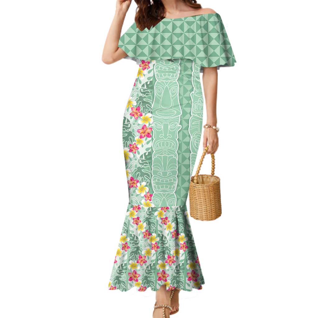 Menthol Green Aloha Hawaii Tiki Family Matching Mermaid Dress and Hawaiian Shirt Tropical Plumeria - Seamless Style