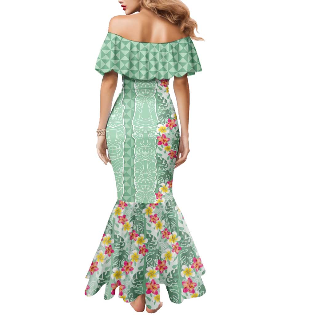 Menthol Green Aloha Hawaii Tiki Family Matching Mermaid Dress and Hawaiian Shirt Tropical Plumeria - Seamless Style