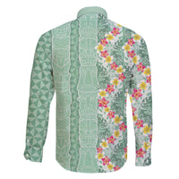 Menthol Green Aloha Hawaii Tiki Family Matching Off The Shoulder Long Sleeve Dress and Hawaiian Shirt Tropical Plumeria - Seamless Style