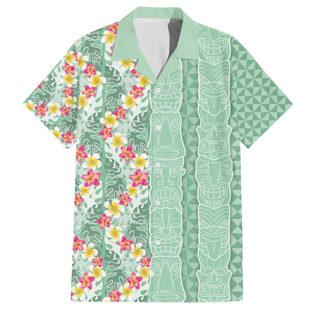 Menthol Green Aloha Hawaii Tiki Family Matching Off Shoulder Maxi Dress and Hawaiian Shirt Tropical Plumeria - Seamless Style