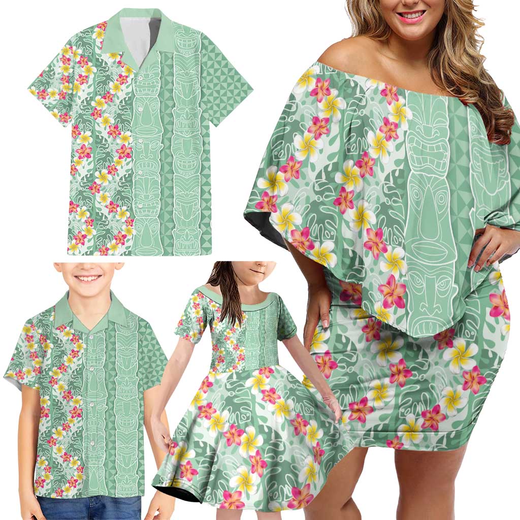 Menthol Green Aloha Hawaii Tiki Family Matching Off Shoulder Short Dress and Hawaiian Shirt Tropical Plumeria - Seamless Style