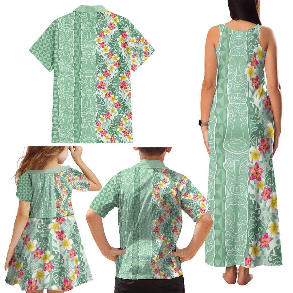 Menthol Green Aloha Hawaii Tiki Family Matching Tank Maxi Dress and Hawaiian Shirt Tropical Plumeria - Seamless Style