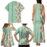Menthol Green Aloha Hawaii Tiki Family Matching Tank Maxi Dress and Hawaiian Shirt Tropical Plumeria - Seamless Style