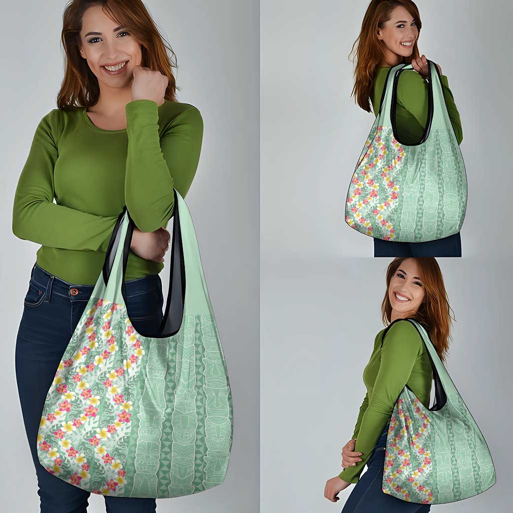 Menthol Green Aloha Hawaii Tiki Grocery Bag Tropical Plumeria - Seamless Style